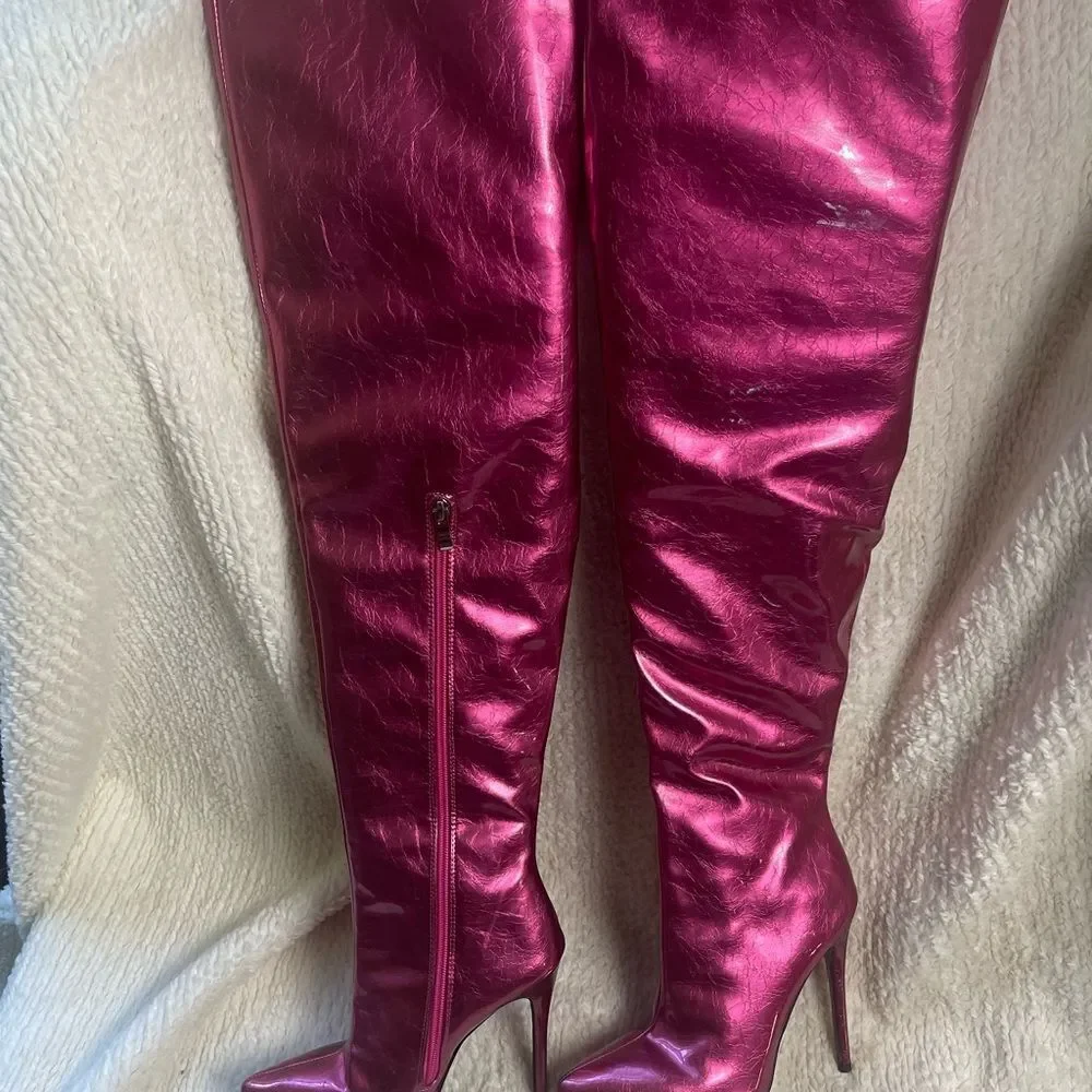 Azalea Wang synthetic Patent metallic Pink/Fuchsia thigh high heel boots SZ 7